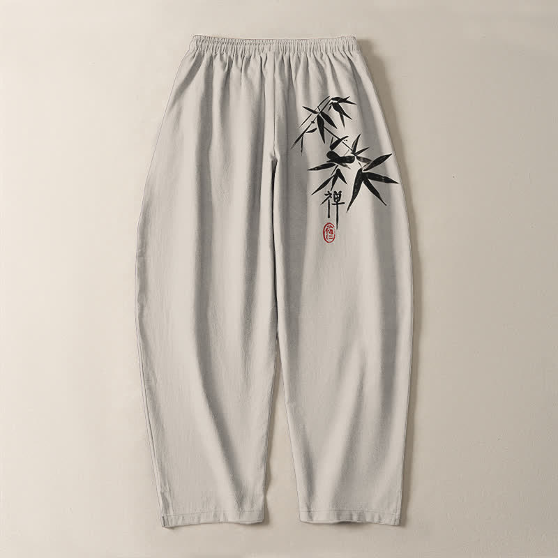 Buddha Stones Herrenhose aus reiner Baumwolle mit Zen-Bambusblattmuster, Kordelzug und Taschen - image 14