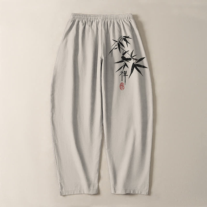 Buddha Stones Herrenhose aus reiner Baumwolle mit Zen-Bambusblattmuster, Kordelzug und Taschen - image 14