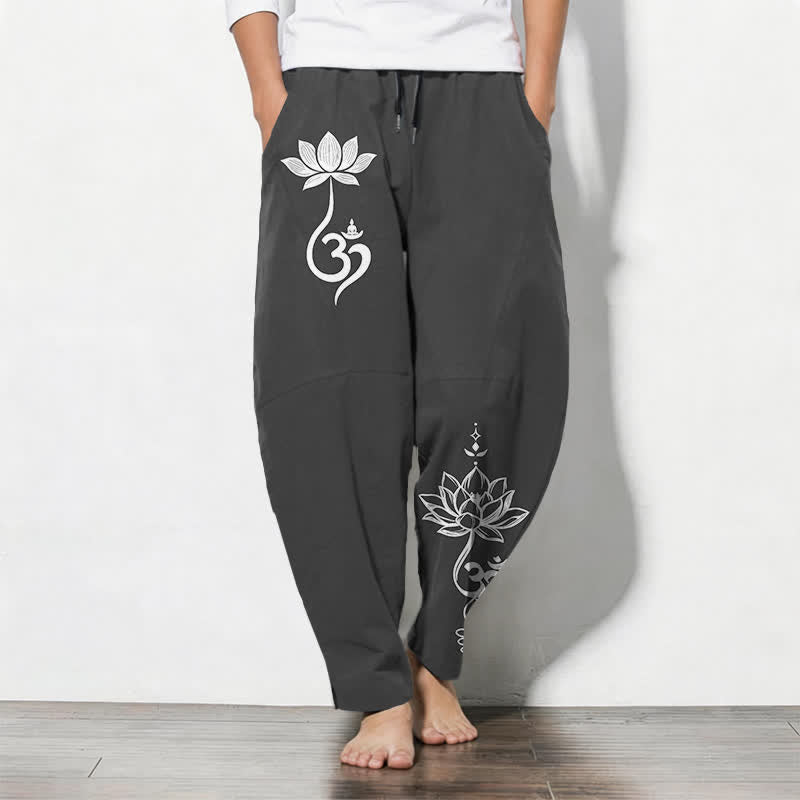 Buddha Stones Herrenhose aus reiner Baumwolle mit Zen-Om-Muster, Kordelzug und Taschen - Schwarz - US/UK/AU50, EU60 (5XL) - image 0