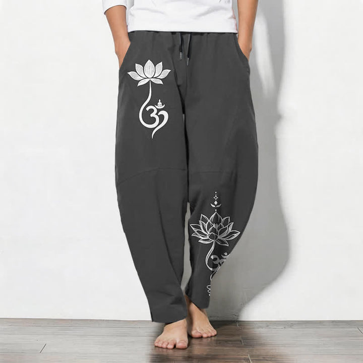 Buddha Stones Herrenhose aus reiner Baumwolle mit Zen-Om-Muster, Kordelzug und Taschen - Schwarz - US/UK/AU50, EU60 (5XL) - image 0