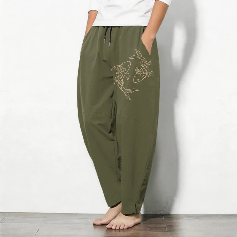 Buddha Stones Herrenhose aus reiner Baumwolle mit Koi-Fisch-Muster, Kordelzug, schmal zulaufendem Schnitt und Taschen - image 1