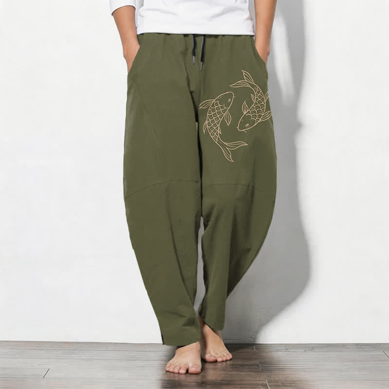 Buddha Stones Herrenhose aus reiner Baumwolle mit Koi-Fisch-Muster, Kordelzug, schmal zulaufendem Schnitt und Taschen - Olive - US/UK/AU50, EU60 (5XL) - image 0