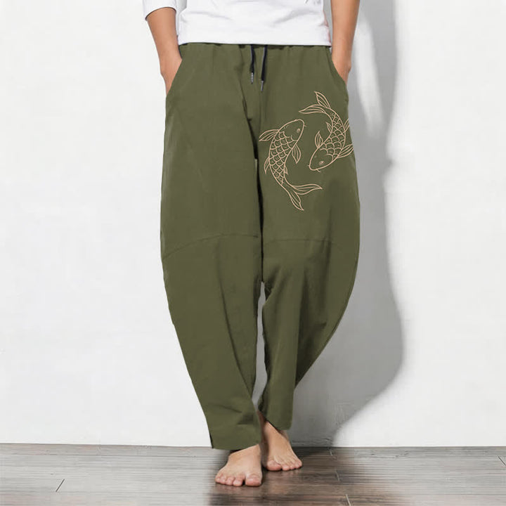 Buddha Stones Herrenhose aus reiner Baumwolle mit Koi-Fisch-Muster, Kordelzug, schmal zulaufendem Schnitt und Taschen - Olive - US/UK/AU50, EU60 (5XL) - image 0