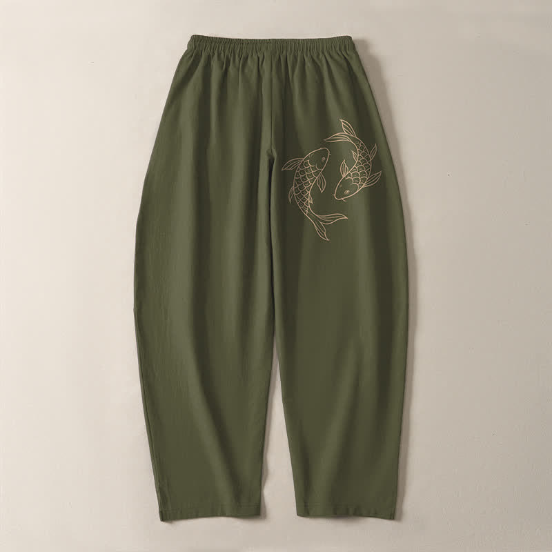 Buddha Stones Herrenhose aus reiner Baumwolle mit Koi-Fisch-Muster, Kordelzug, schmal zulaufendem Schnitt und Taschen - image 3