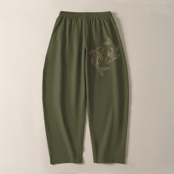 Buddha Stones Herrenhose aus reiner Baumwolle mit Koi-Fisch-Muster, Kordelzug, schmal zulaufendem Schnitt und Taschen - image 3