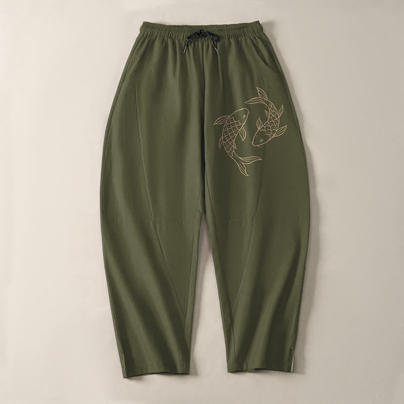 Buddha Stones Herrenhose aus reiner Baumwolle mit Koi-Fisch-Muster, Kordelzug, schmal zulaufendem Schnitt und Taschen - image 2