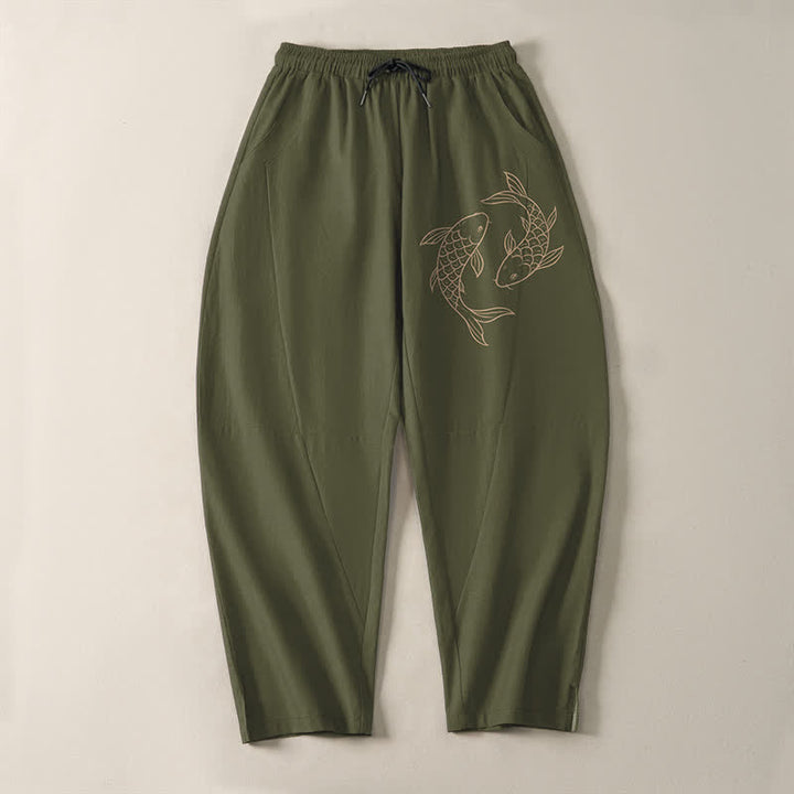 Buddha Stones Herrenhose aus reiner Baumwolle mit Koi-Fisch-Muster, Kordelzug, schmal zulaufendem Schnitt und Taschen - image 2