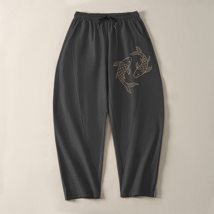 Buddha Stones Herrenhose aus reiner Baumwolle mit Koi-Fisch-Muster, Kordelzug, schmal zulaufendem Schnitt und Taschen - image 9