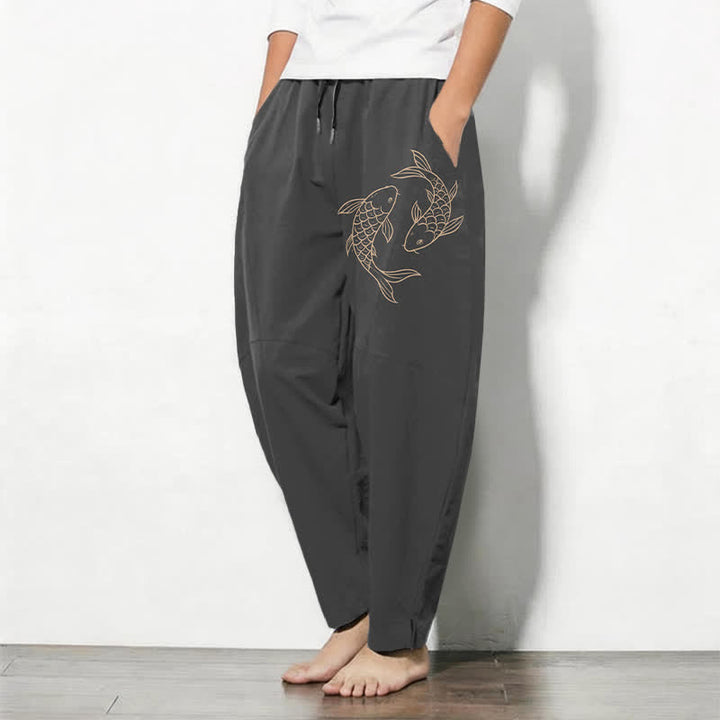 Buddha Stones Herrenhose aus reiner Baumwolle mit Koi-Fisch-Muster, Kordelzug, schmal zulaufendem Schnitt und Taschen - image 8