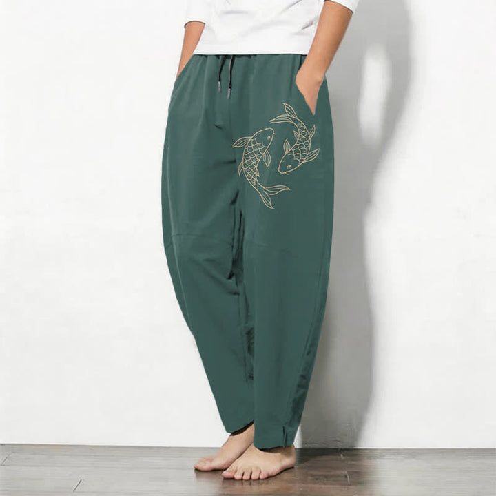 Buddha Stones Herrenhose aus reiner Baumwolle mit Koi-Fisch-Muster, Kordelzug, schmal zulaufendem Schnitt und Taschen - image 12