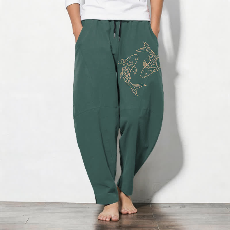 Buddha Stones Herrenhose aus reiner Baumwolle mit Koi-Fisch-Muster, Kordelzug, schmal zulaufendem Schnitt und Taschen - Türkis - US/UK/AU50, EU60 (5XL) - image 11