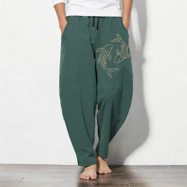 Buddha Stones Herrenhose aus reiner Baumwolle mit Koi-Fisch-Muster, Kordelzug, schmal zulaufendem Schnitt und Taschen - Türkis - US/UK/AU50, EU60 (5XL) - image 11