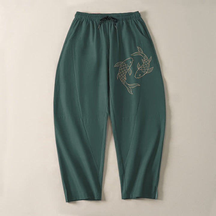 Buddha Stones Herrenhose aus reiner Baumwolle mit Koi-Fisch-Muster, Kordelzug, schmal zulaufendem Schnitt und Taschen - image 13