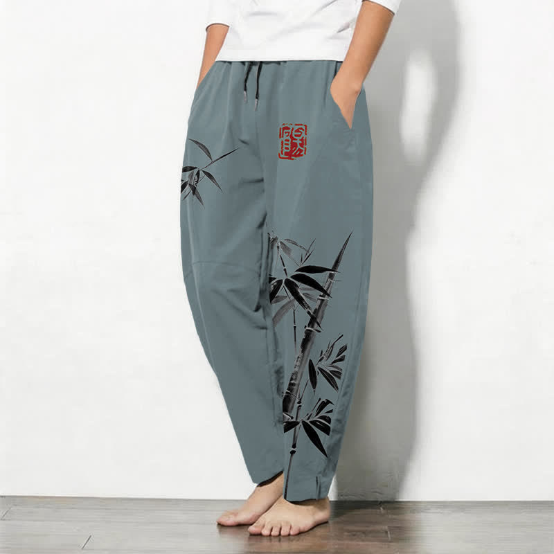 Buddha Stones Herrenhose aus reiner Baumwolle mit orientalischem Bambusmuster, Kordelzug und Taschen - image 1