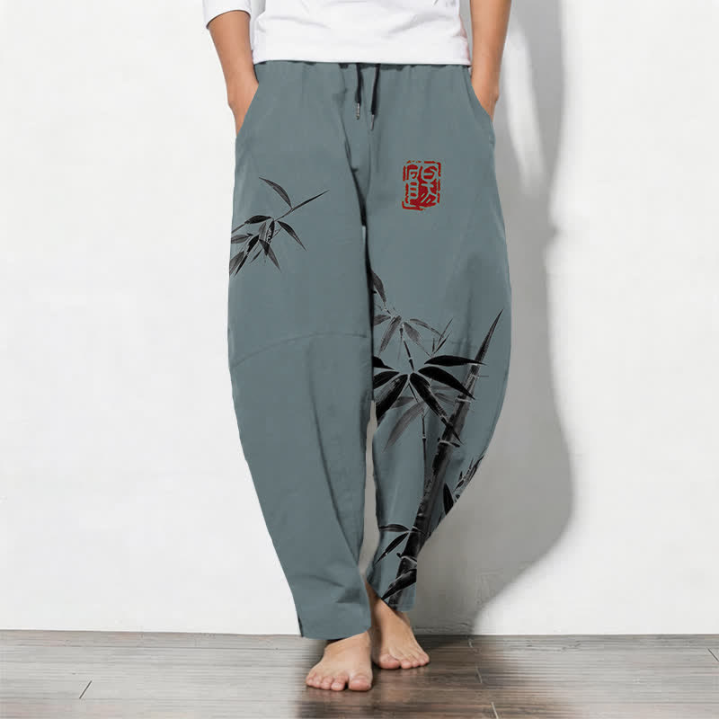 Buddha Stones Herrenhose aus reiner Baumwolle mit orientalischem Bambusmuster, Kordelzug und Taschen - Kadettenblau - US/UK/AU50, EU60 (5XL) - image 0