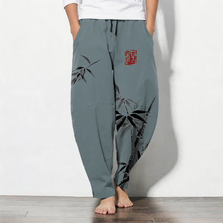 Buddha Stones Herrenhose aus reiner Baumwolle mit orientalischem Bambusmuster, Kordelzug und Taschen - Kadettenblau - US/UK/AU50, EU60 (5XL) - image 0