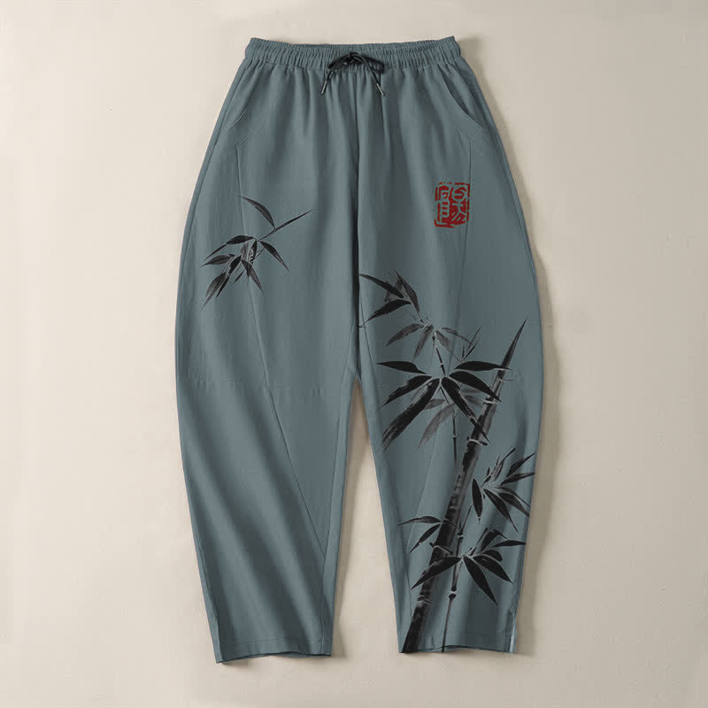 Buddha Stones Herrenhose aus reiner Baumwolle mit orientalischem Bambusmuster, Kordelzug und Taschen - image 2