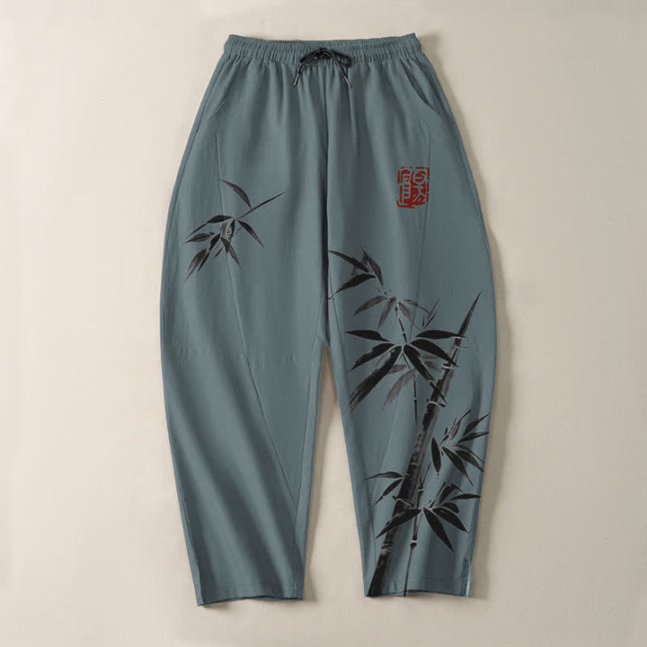 Buddha Stones Herrenhose aus reiner Baumwolle mit orientalischem Bambusmuster, Kordelzug und Taschen - image 2