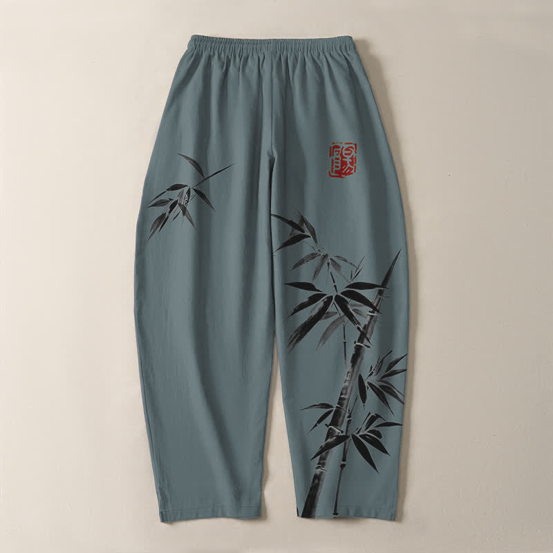 Buddha Stones Herrenhose aus reiner Baumwolle mit orientalischem Bambusmuster, Kordelzug und Taschen - image 3