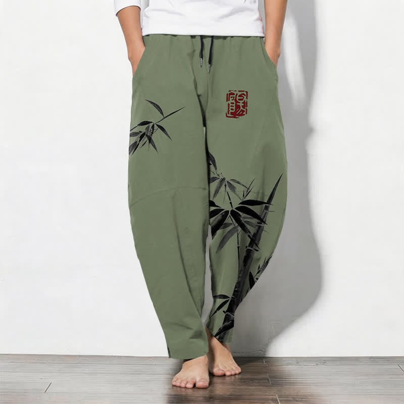 Buddha Stones Herrenhose aus reiner Baumwolle mit orientalischem Bambusmuster, Kordelzug und Taschen - Dunkelolivgrün - US/UK/AU50, EU60 (5XL) - image 7
