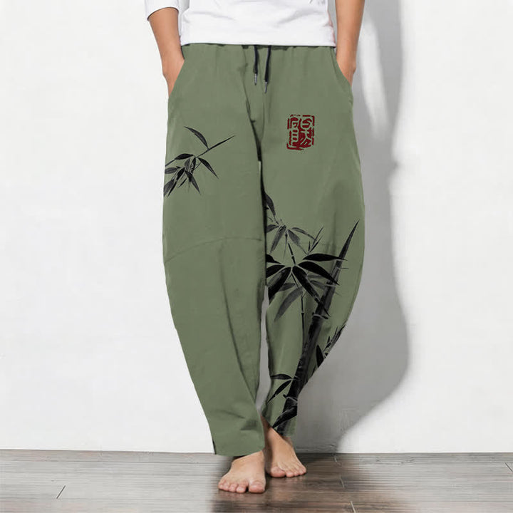 Buddha Stones Herrenhose aus reiner Baumwolle mit orientalischem Bambusmuster, Kordelzug und Taschen - Dunkelolivgrün - US/UK/AU50, EU60 (5XL) - image 7