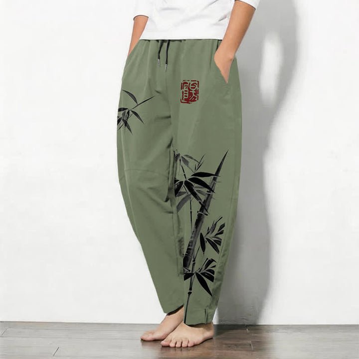 Buddha Stones Herrenhose aus reiner Baumwolle mit orientalischem Bambusmuster, Kordelzug und Taschen - image 8