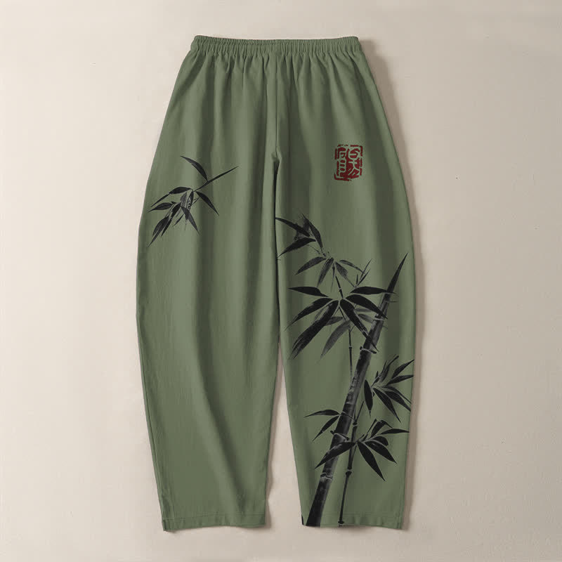 Buddha Stones Herrenhose aus reiner Baumwolle mit orientalischem Bambusmuster, Kordelzug und Taschen - image 10