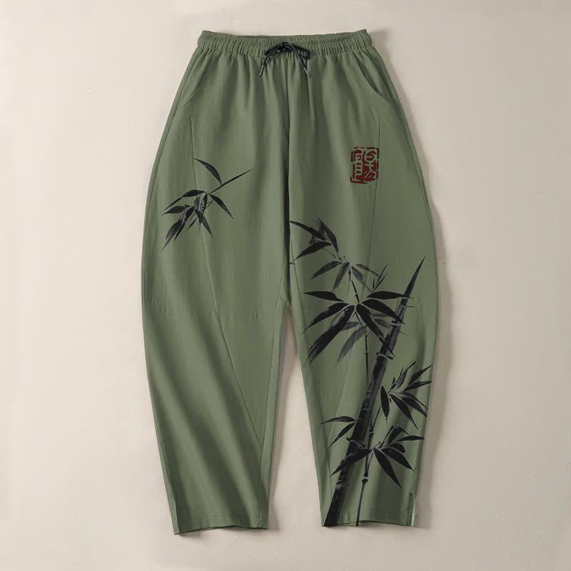 Buddha Stones Herrenhose aus reiner Baumwolle mit orientalischem Bambusmuster, Kordelzug und Taschen - image 9