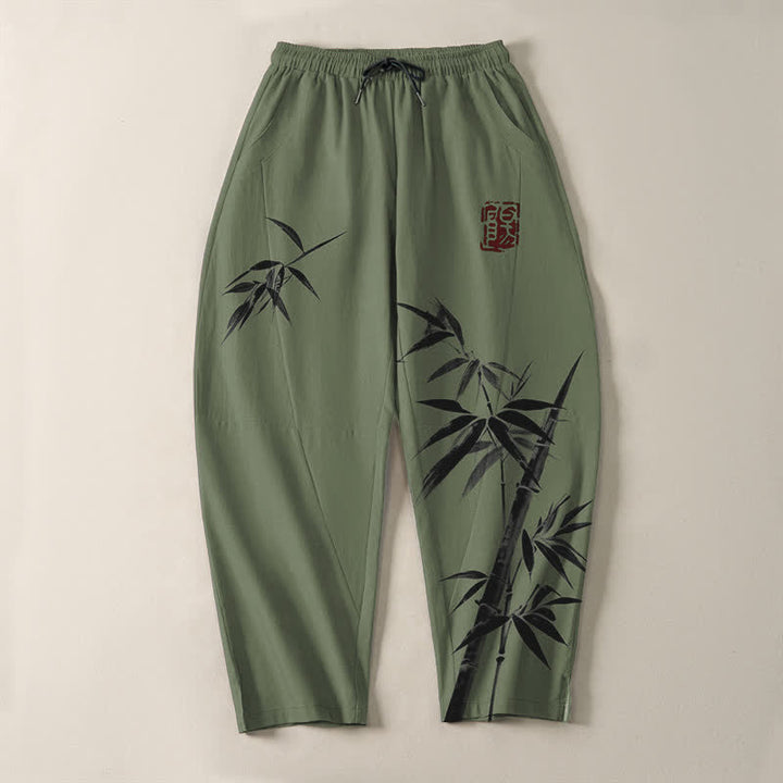 Buddha Stones Herrenhose aus reiner Baumwolle mit orientalischem Bambusmuster, Kordelzug und Taschen - image 9