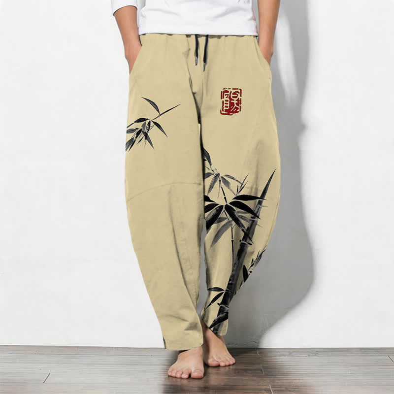 Buddha Stones Herrenhose aus reiner Baumwolle mit orientalischem Bambusmuster, Kordelzug und Taschen - Blassgoldenrode - US/UK/AU50, EU60 (5XL) - image 11