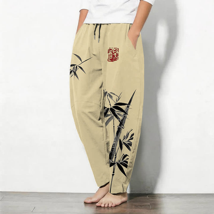 Buddha Stones Herrenhose aus reiner Baumwolle mit orientalischem Bambusmuster, Kordelzug und Taschen - image 12