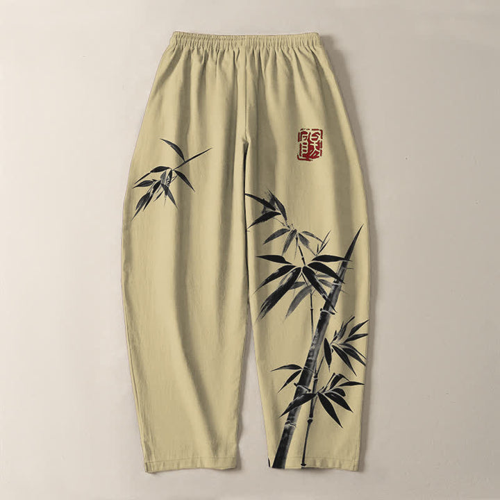 Buddha Stones Herrenhose aus reiner Baumwolle mit orientalischem Bambusmuster, Kordelzug und Taschen - image 14