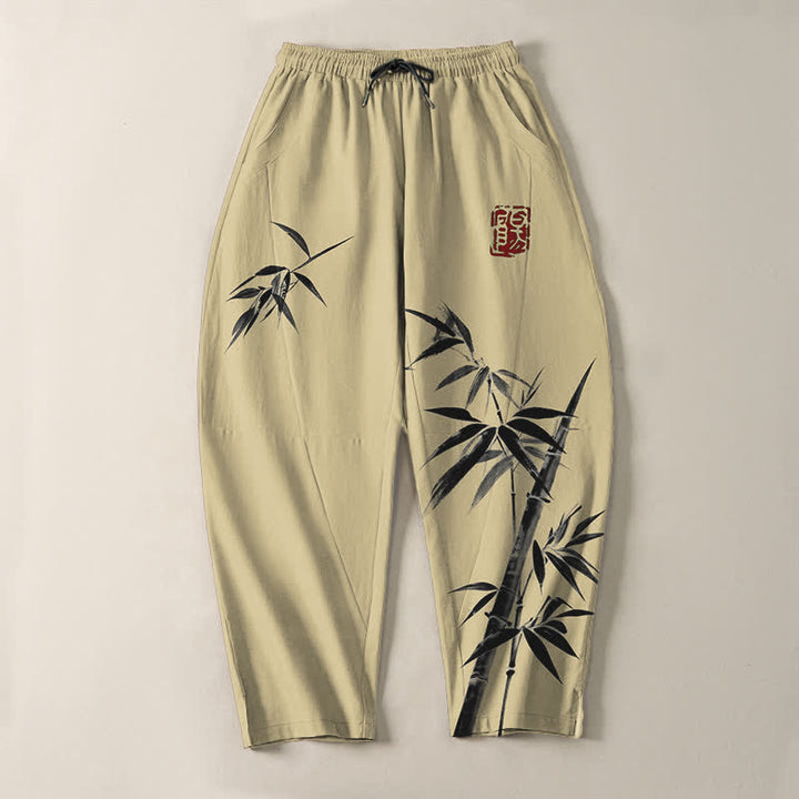 Buddha Stones Herrenhose aus reiner Baumwolle mit orientalischem Bambusmuster, Kordelzug und Taschen - image 13