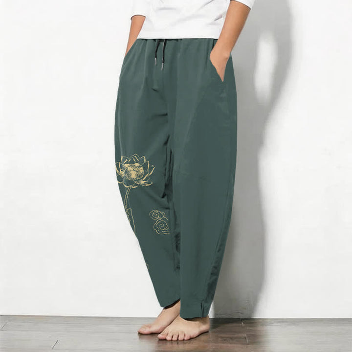 Buddha Stones Herrenhose aus reiner Baumwolle mit goldenem Lotus-Wolkenmuster, Kordelzug und Taschen - image 1