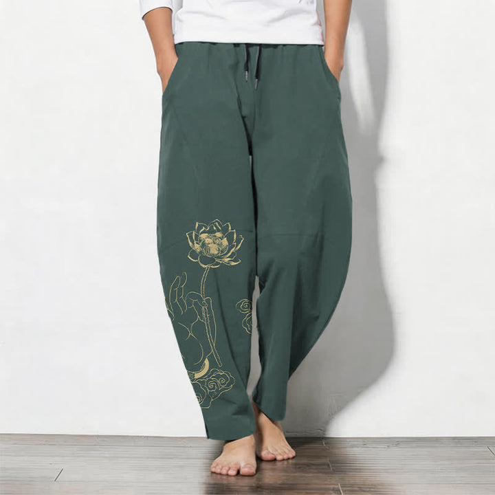 Buddha Stones Herrenhose aus reiner Baumwolle mit goldenem Lotus-Wolkenmuster, Kordelzug und Taschen - Türkis - US/UK/AU50, EU60 (5XL) - image 0