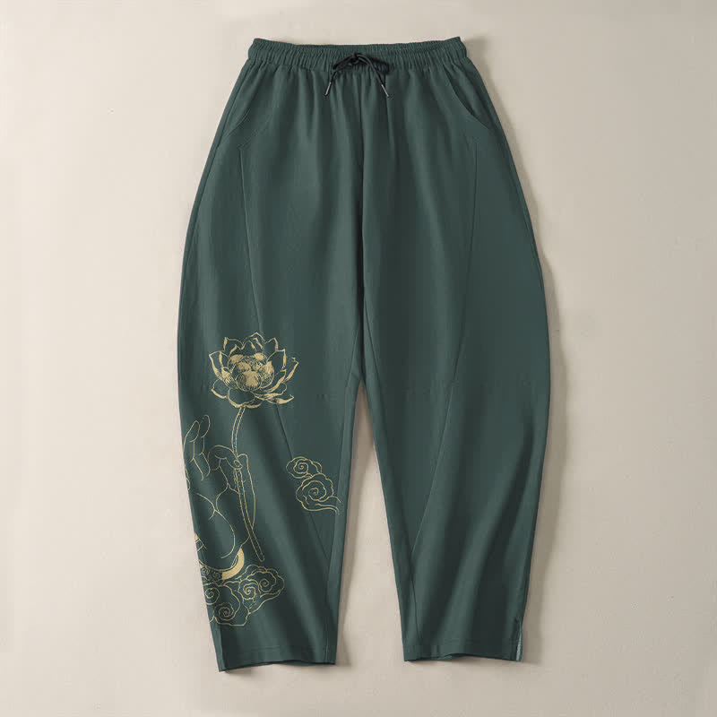 Buddha Stones Herrenhose aus reiner Baumwolle mit goldenem Lotus-Wolkenmuster, Kordelzug und Taschen - image 2