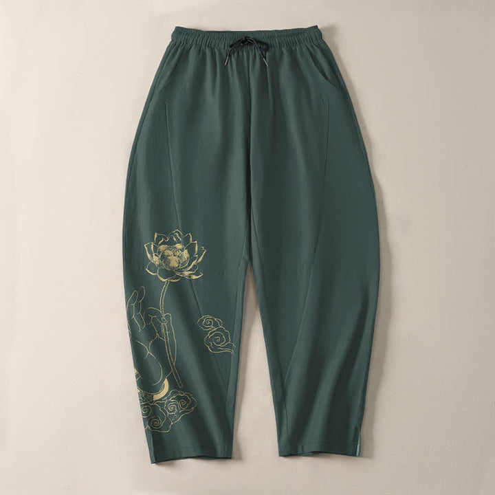 Buddha Stones Herrenhose aus reiner Baumwolle mit goldenem Lotus-Wolkenmuster, Kordelzug und Taschen - image 2