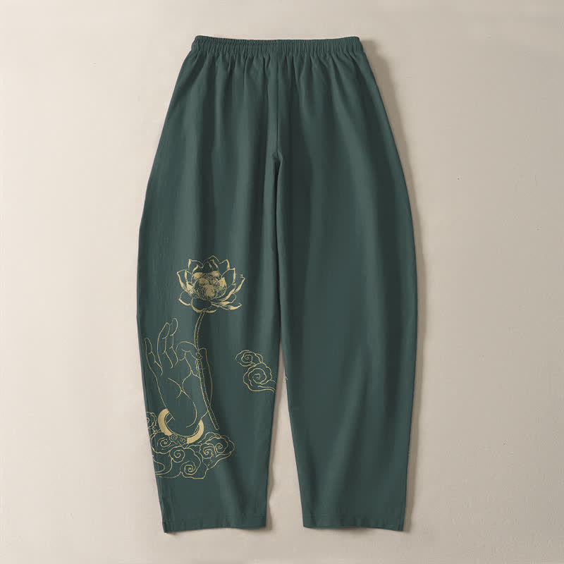 Buddha Stones Herrenhose aus reiner Baumwolle mit goldenem Lotus-Wolkenmuster, Kordelzug und Taschen - image 3