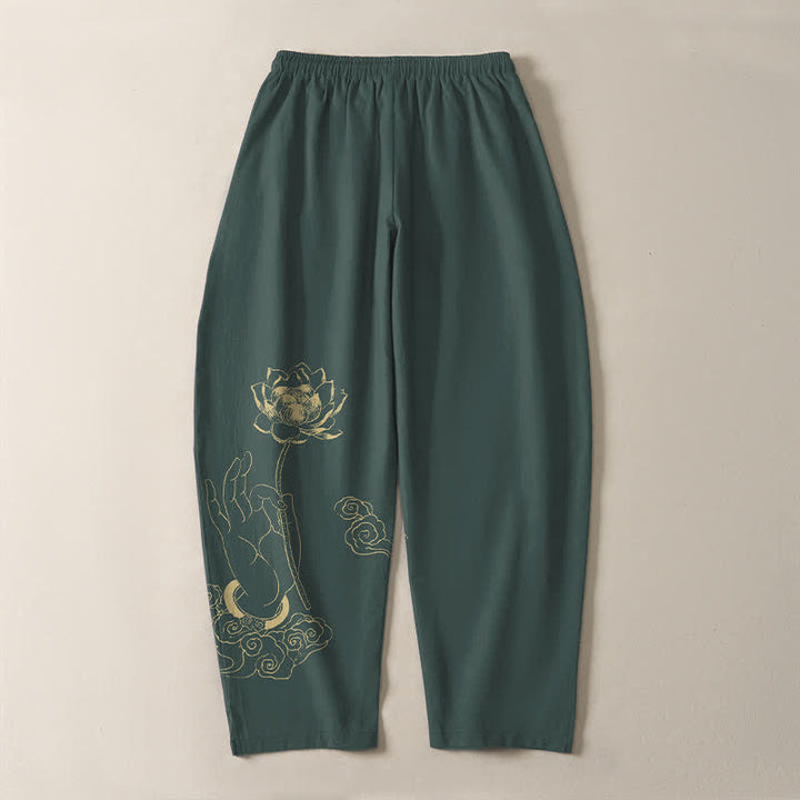 Buddha Stones Herrenhose aus reiner Baumwolle mit goldenem Lotus-Wolkenmuster, Kordelzug und Taschen - image 3