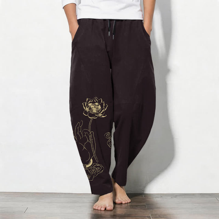 Buddha Stones Herrenhose aus reiner Baumwolle mit goldenem Lotus-Wolkenmuster, Kordelzug und Taschen - Sattelbraun - US/UK/AU50, EU60 (5XL) - image 7