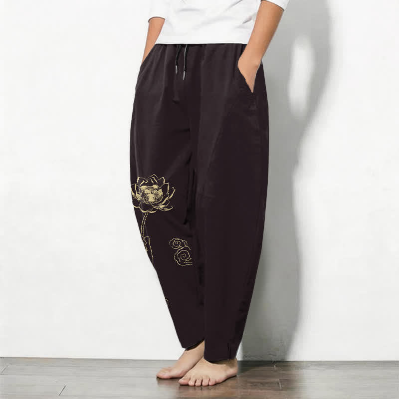Buddha Stones Herrenhose aus reiner Baumwolle mit goldenem Lotus-Wolkenmuster, Kordelzug und Taschen - image 8