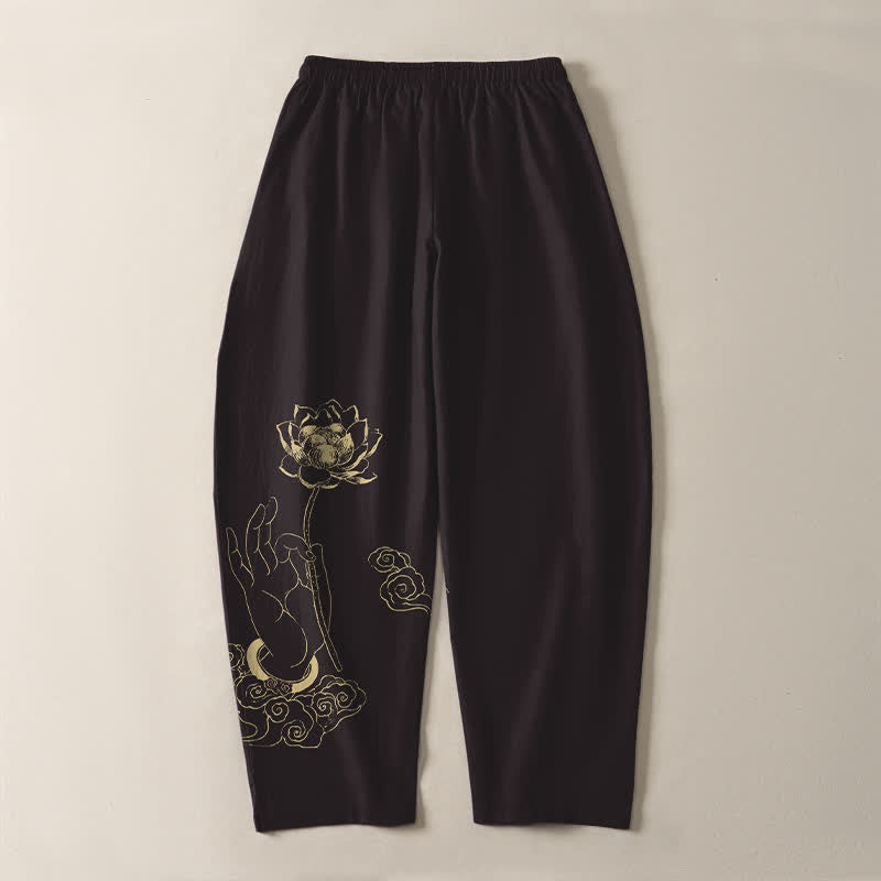 Buddha Stones Herrenhose aus reiner Baumwolle mit goldenem Lotus-Wolkenmuster, Kordelzug und Taschen - image 10