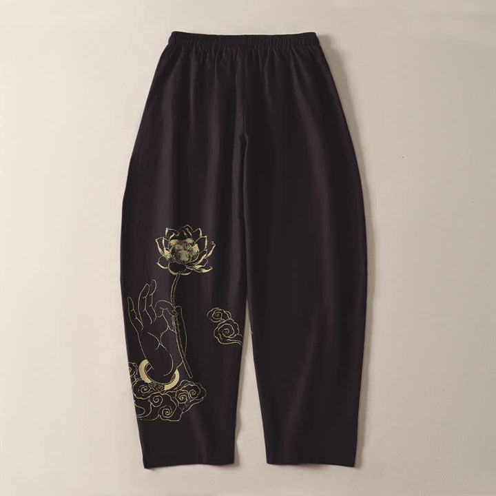 Buddha Stones Herrenhose aus reiner Baumwolle mit goldenem Lotus-Wolkenmuster, Kordelzug und Taschen - image 10
