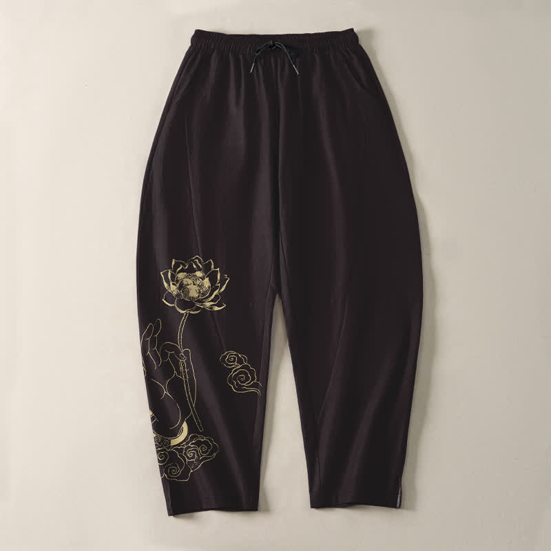 Buddha Stones Herrenhose aus reiner Baumwolle mit goldenem Lotus-Wolkenmuster, Kordelzug und Taschen - image 9