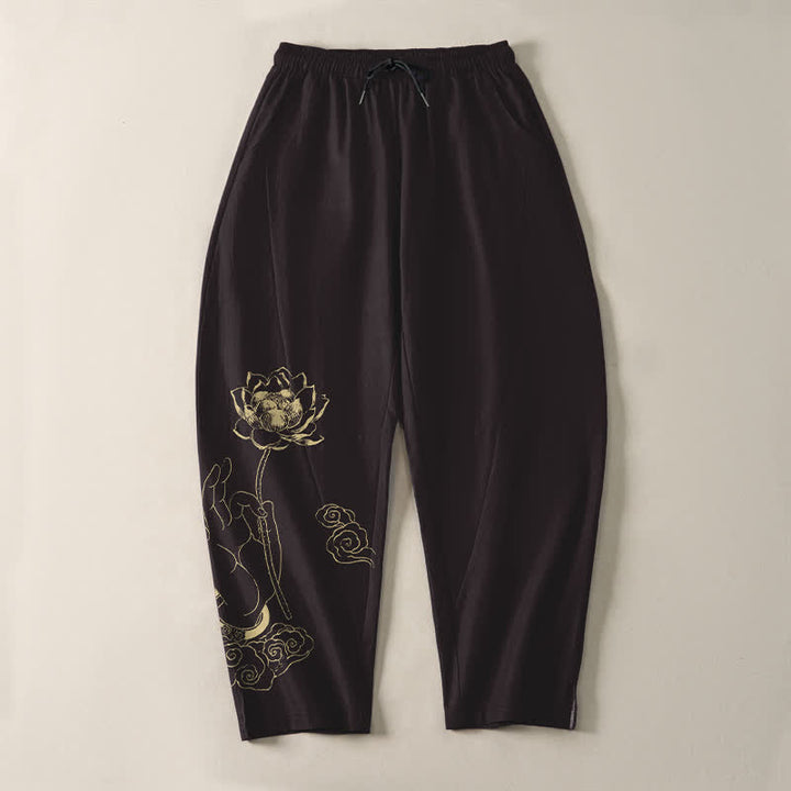 Buddha Stones Herrenhose aus reiner Baumwolle mit goldenem Lotus-Wolkenmuster, Kordelzug und Taschen - image 9