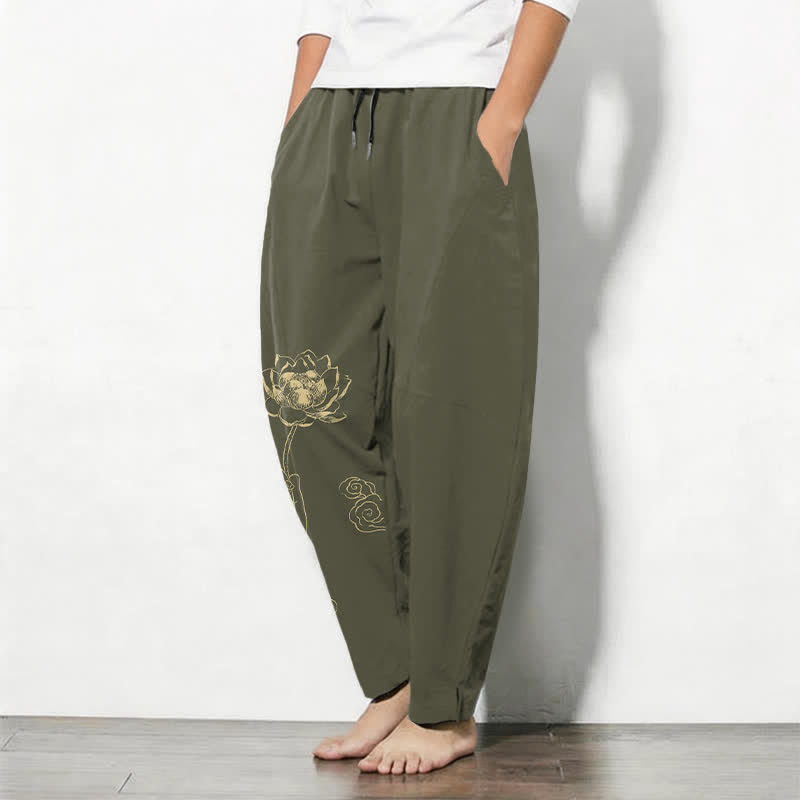 Buddha Stones Herrenhose aus reiner Baumwolle mit goldenem Lotus-Wolkenmuster, Kordelzug und Taschen - image 12