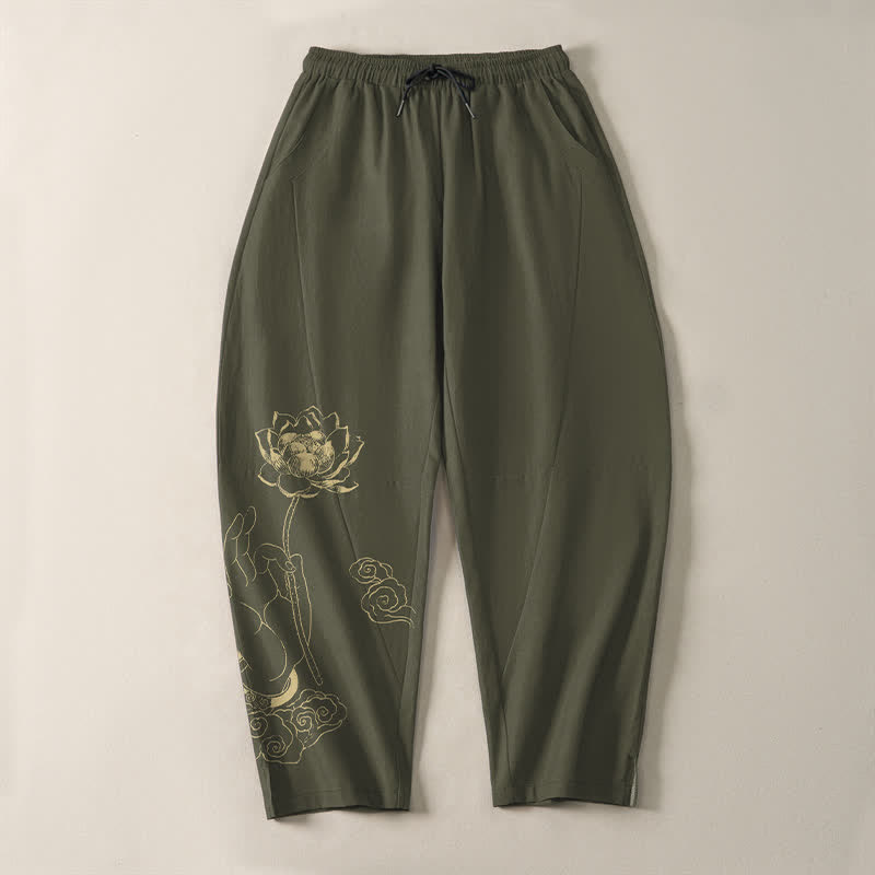Buddha Stones Herrenhose aus reiner Baumwolle mit goldenem Lotus-Wolkenmuster, Kordelzug und Taschen - image 13