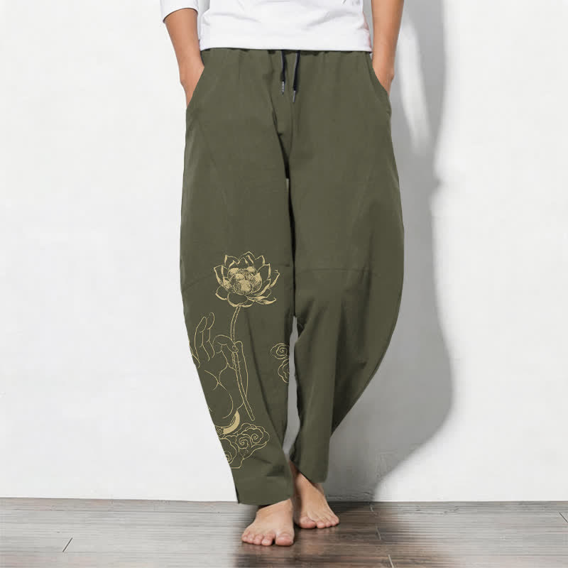 Buddha Stones Herrenhose aus reiner Baumwolle mit goldenem Lotus-Wolkenmuster, Kordelzug und Taschen - Olive - US/UK/AU50, EU60 (5XL) - image 11