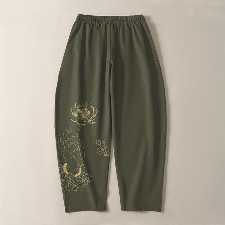 Buddha Stones Herrenhose aus reiner Baumwolle mit goldenem Lotus-Wolkenmuster, Kordelzug und Taschen - image 14