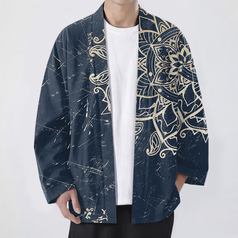 Buddha Stones Kimono für Herren aus Baumwolle mit Mandala-Muster im Used-Look und offener Vorderseite - Marine - US/UK/AU48, EU58 (4XL) - image 0